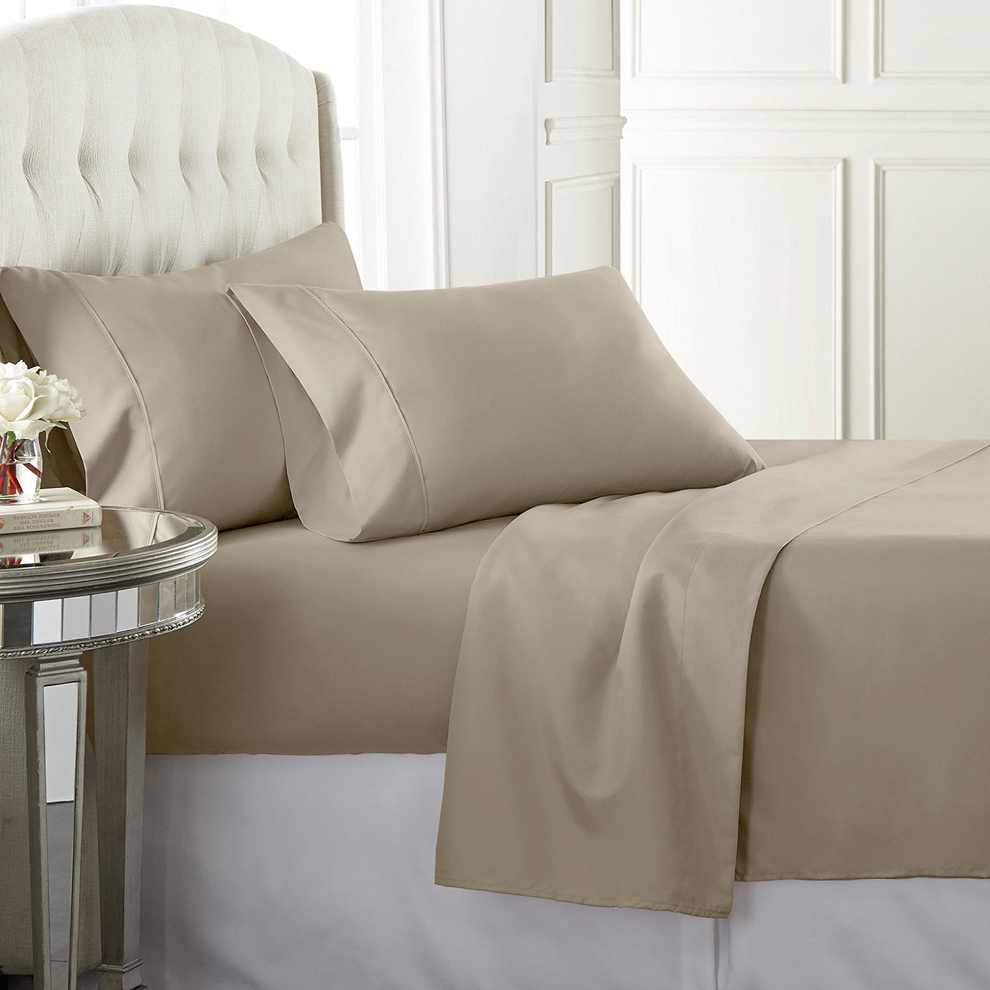 Beige high-quality sateen sheet set with a 300 thread count, offering a rich, luxurious feel and durability.