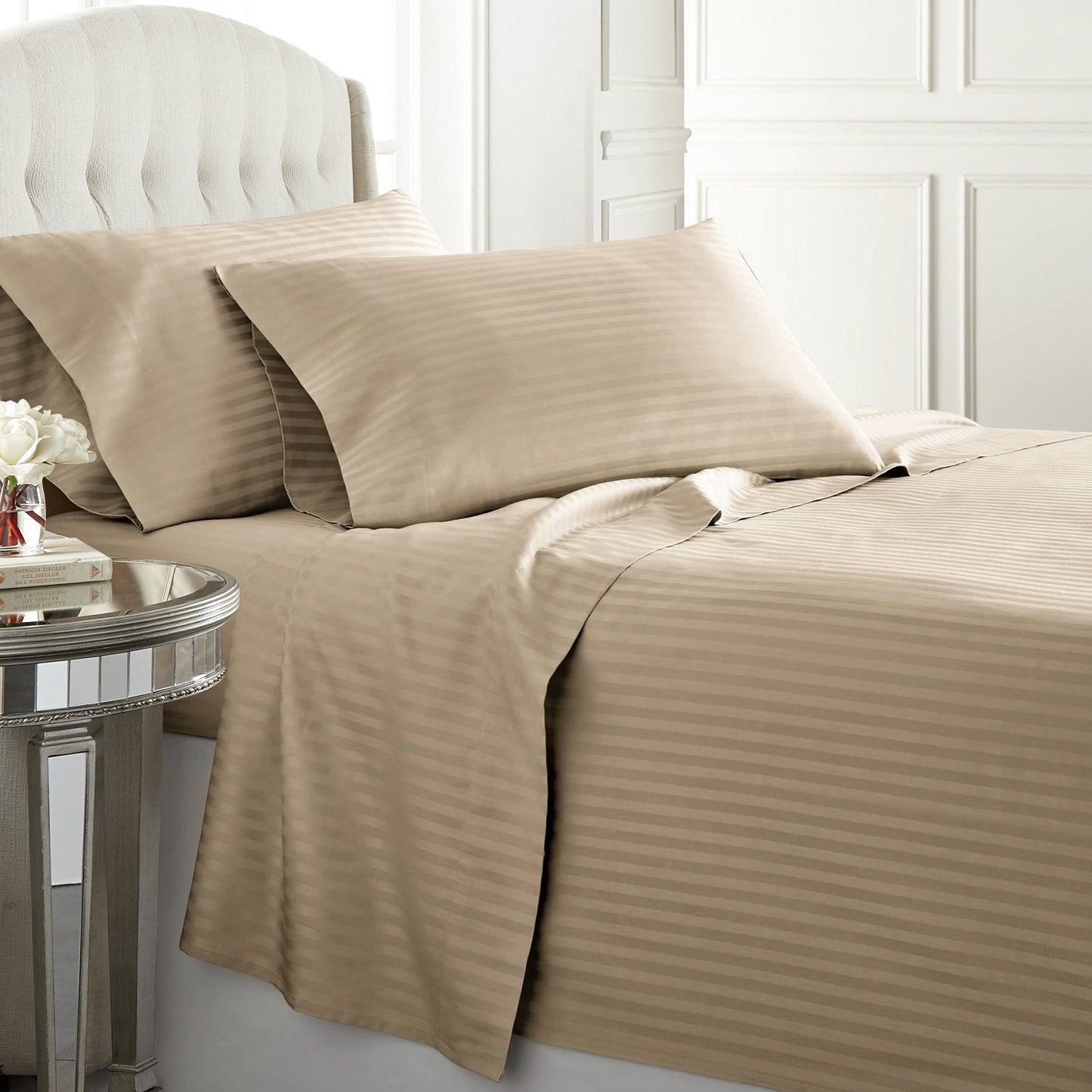 Beige Egyptian cotton duvet cover set with a 600 thread count, offering smooth and breathable comfort