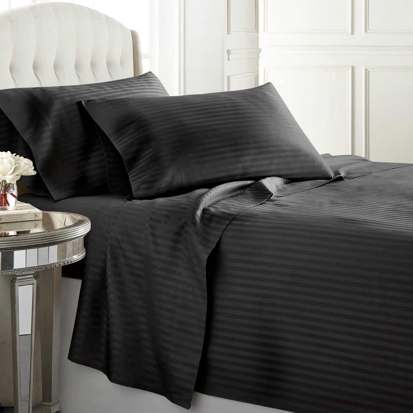 Black Egyptian cotton duvet cover set with a 300 thread count, offering smooth and breathable comfort