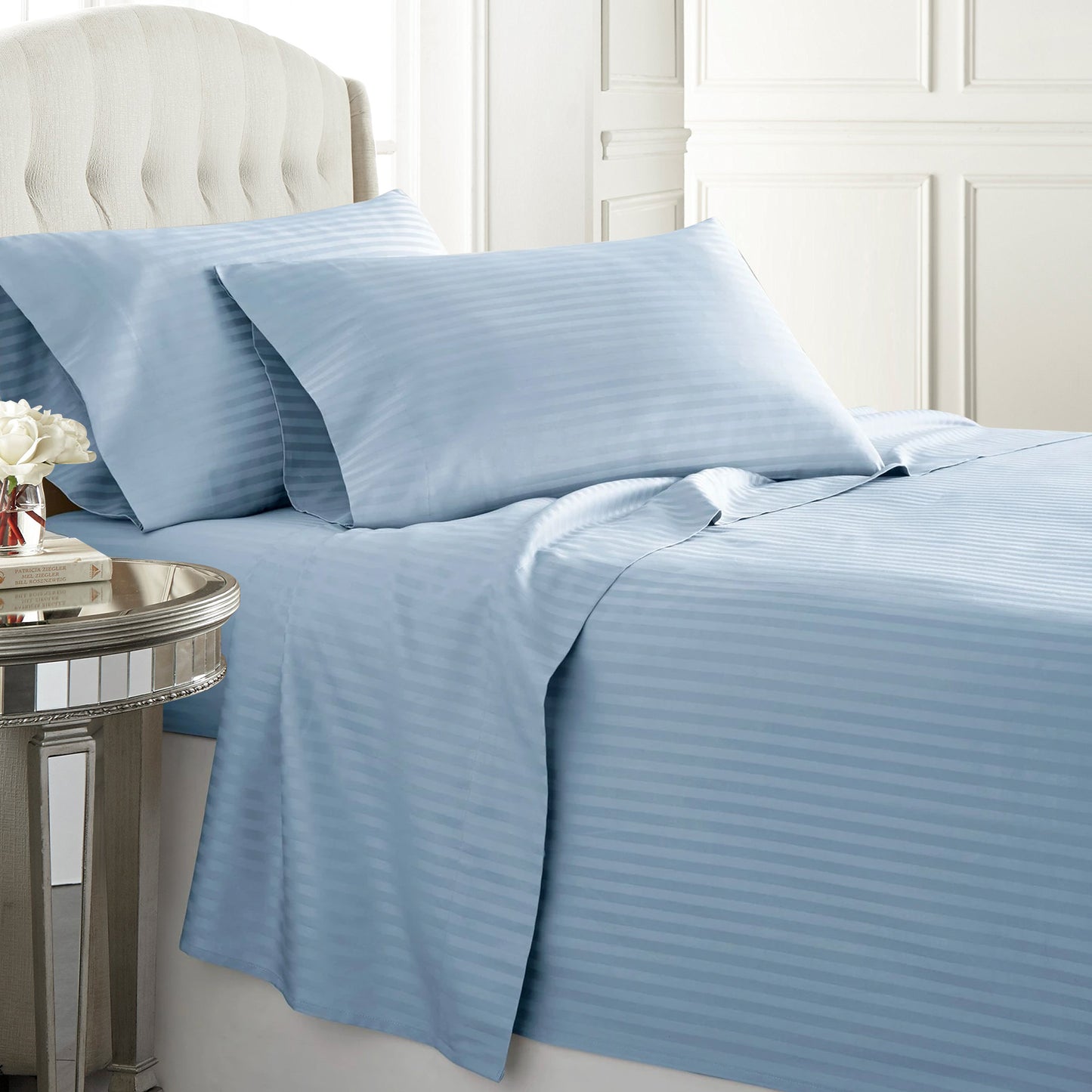 Blue Egyptian cotton duvet cover set with a 300 thread count, offering smooth and breathable comfort