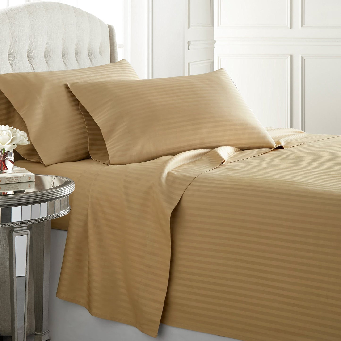 Gold Egyptian cotton duvet cover set with a 300 thread count, offering smooth and breathable comfort