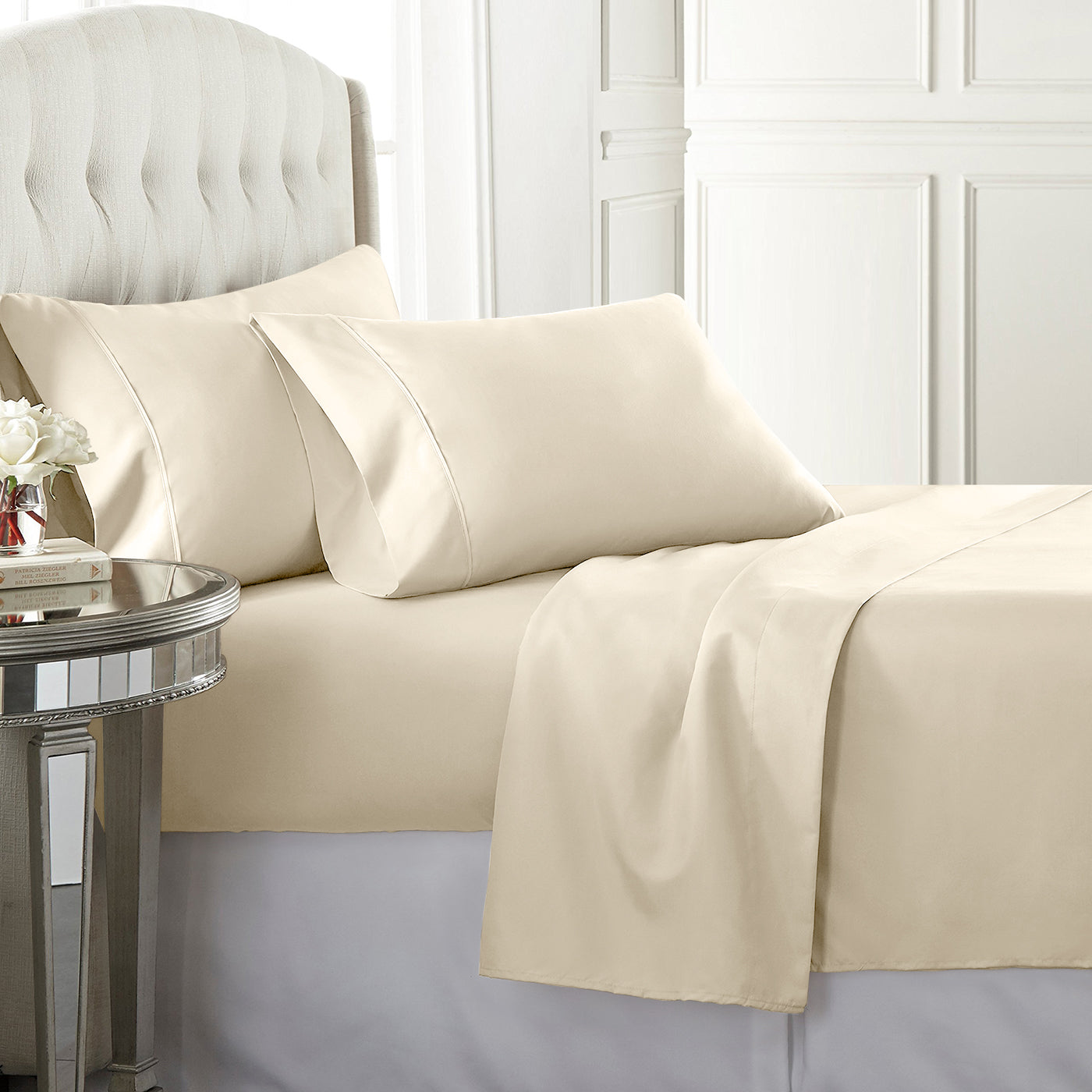 Ivory high-quality sateen sheet set with a 300 thread count, offering a rich, luxurious feel and durability.