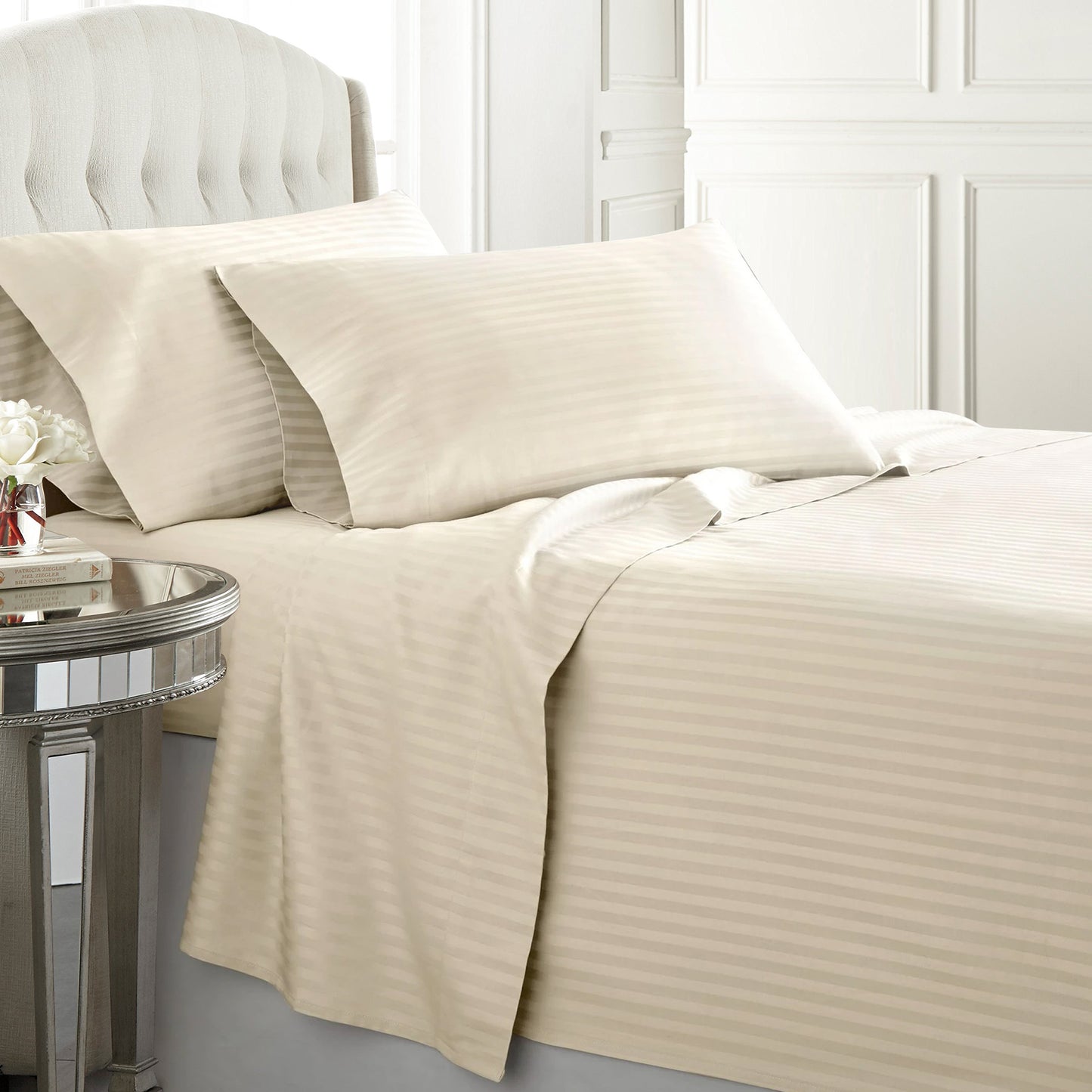 Ivory Egyptian cotton duvet cover set with a 300 thread count, offering smooth and breathable comfort