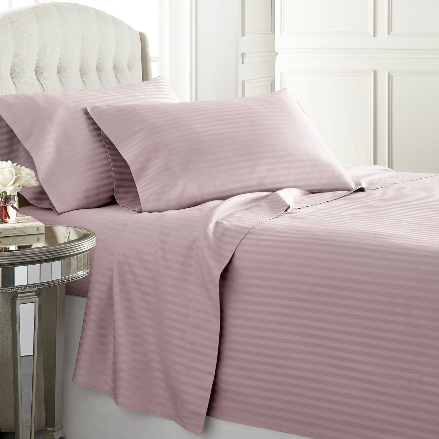 Lavender Egyptian cotton duvet cover set with a 300 thread count, offering smooth and breathable comfort