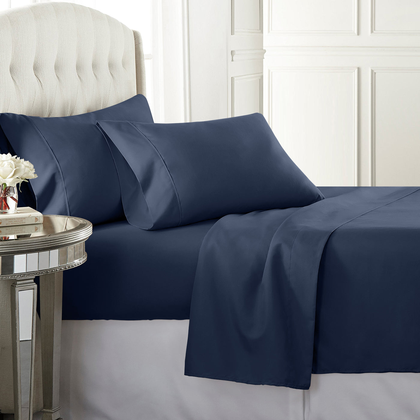 Navy high-quality sateen sheet set with a 300 thread count, offering a rich, luxurious feel and durability.