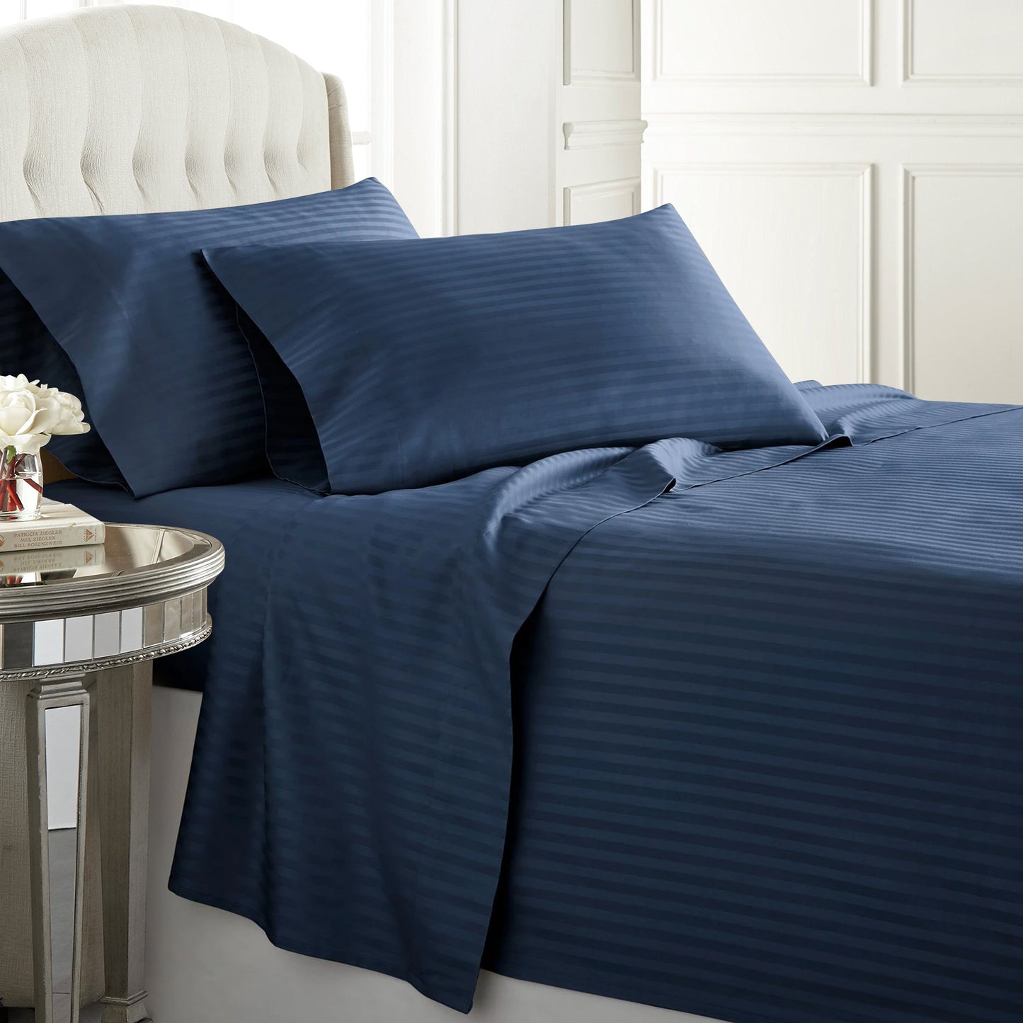 Navy Egyptian cotton duvet cover set with a 300 thread count, offering smooth and breathable comfort