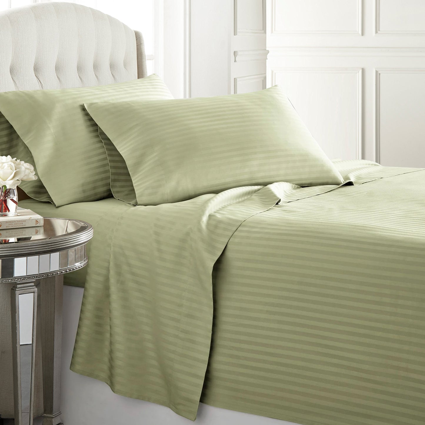 Sage Egyptian cotton duvet cover set with a 300 thread count, offering smooth and breathable comfort