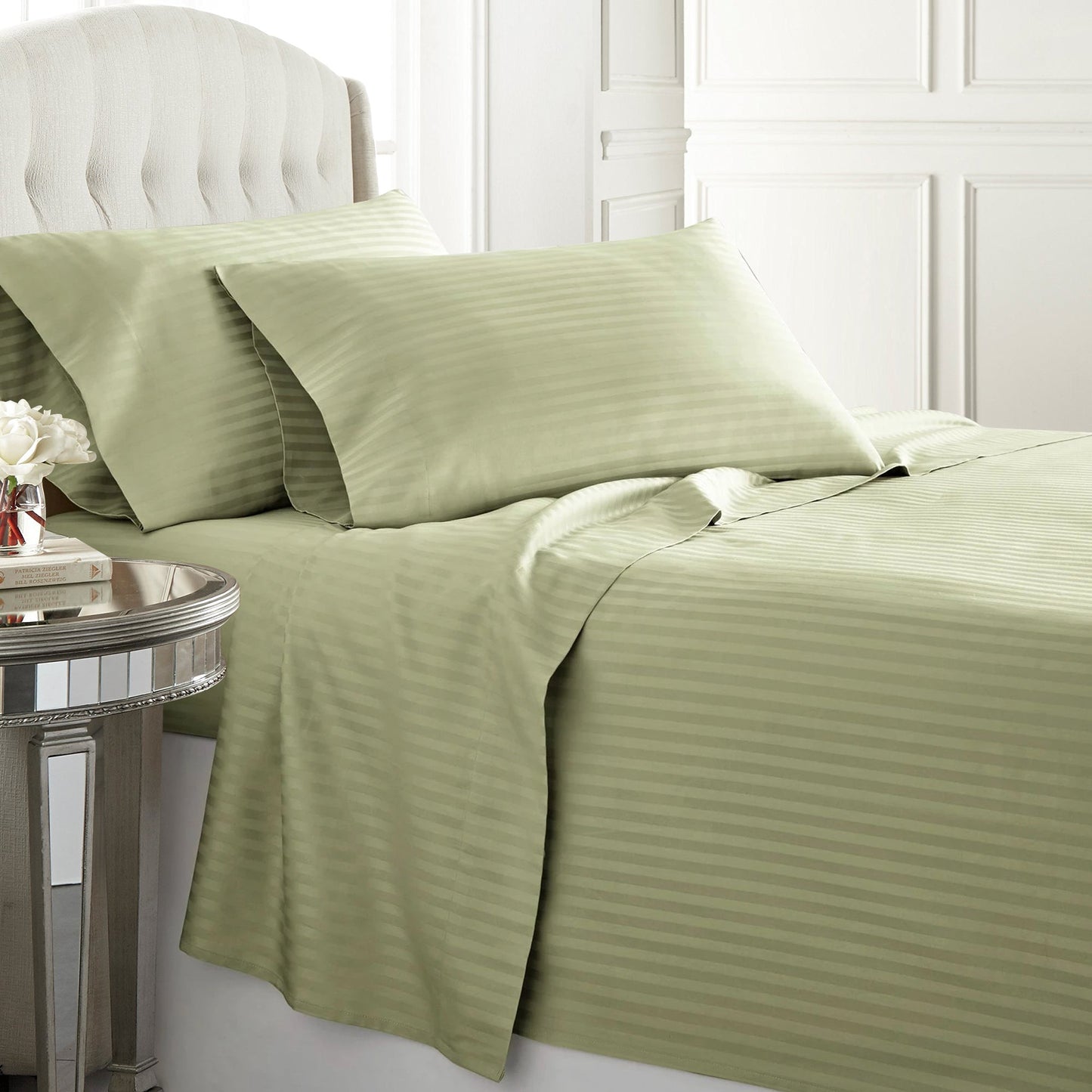 Sage Egyptian cotton duvet cover set with a 600 thread count, offering smooth and breathable comfort