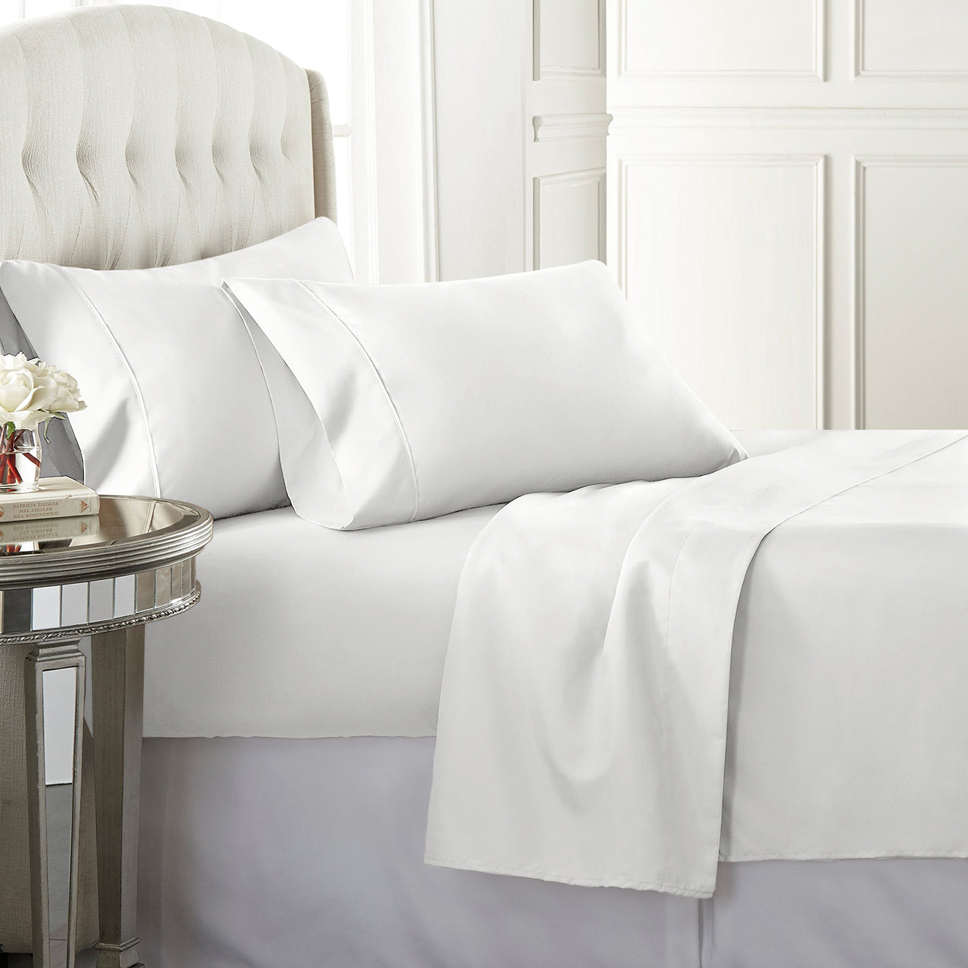 White high-quality sateen sheet set with a 300 thread count, offering a rich, luxurious feel and durability.