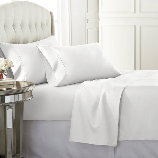 White high-quality sateen sheet set with a 600 thread count, offering a rich, luxurious feel and durability.