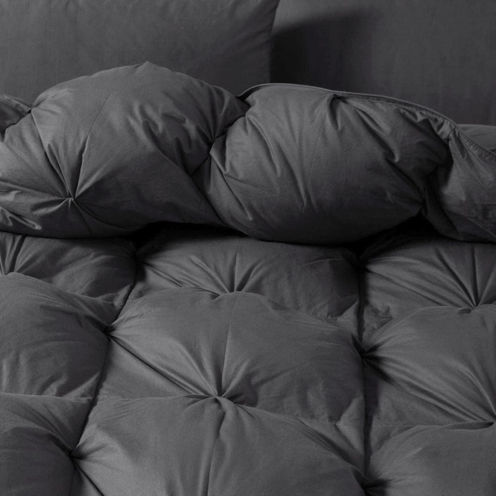 All-season luxury down comforter in grey with a plush, warm feel, perfect for year-round comfort